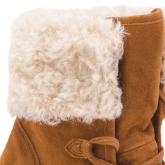 NEW CECELIA NEW YORK Suede North Star Faux Fur Wedge Boots Chestnut 667tn - Picture 2 of 5